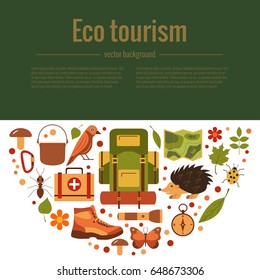 Vector cartoon eco tourism icons camping set: tent, backpack, bird, squirrel, hedgehog. Flat illustration of summer  camping icons. Ecological travelling background .