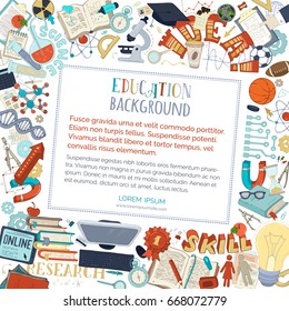 Vector cartoon education background. Science, research, supplies, equipment, paper and documents, lab elements and symbols. There is copy space for your text in the center.