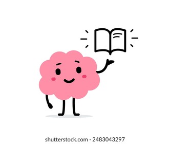 Vector cartoon education illustration of cute happy brain character with open book in hand on white color background. Flat doodle style design of smile brain read book for web, site, banner, poster