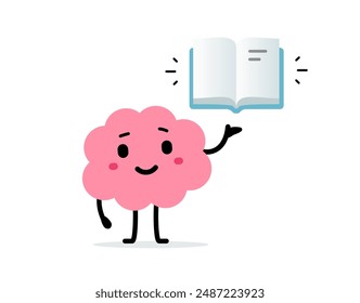 Ilustración de educación de dibujos animados de Vector lindo feliz personaje cerebral leer libro sobre fondo de color blanco. Diseño de estilo de garabato plano de cerebro de sonrisa con libro abierto en la mano para el Web, sitio, Anuncio, cartel