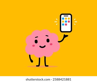Vector cartoon education illustration of cute happy brain character show smart phone in hand on yellow color background. Flat doodle style design of smile brain use smart phone device technology