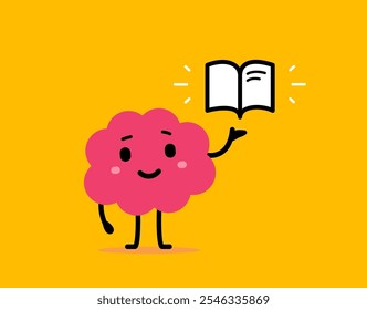 Vector cartoon education illustration of smile brain read book on yellow color background. Flat doodle style design of cute happy brain character with open book in hand for web, site, banner, poster
