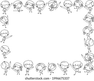 vector cartoon education kids boys and girls hold pencil border frame card speech bubble background set