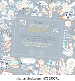 Vector cartoon education square frame. Science, research, supplies, equipment, paper and documents, lab elements and symbols. There is copy space for your text in the center.