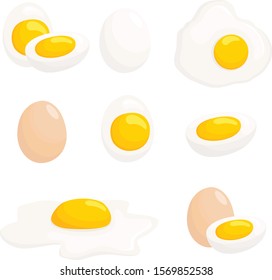 Vector cartoon  egg isolated on white background. Collection of fried, boiled, half, sliced, whole eggs. Eggs in various forms.