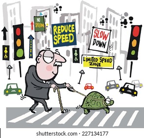 Vector Cartoon Of Elderly Man Crossing City Street With Pet Tortoise