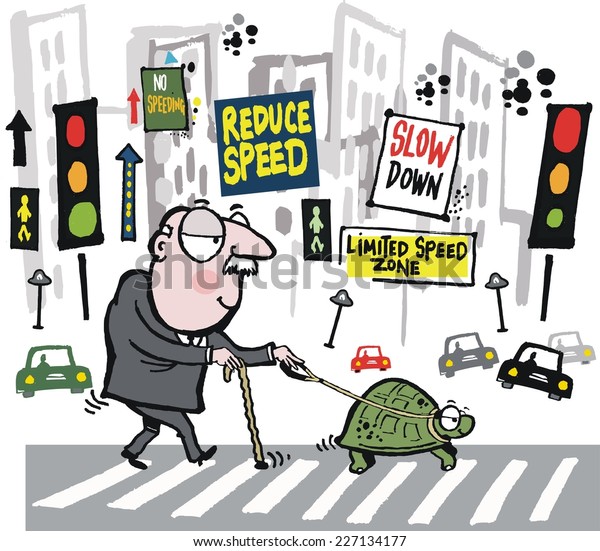 Vector cartoon of elderly man crossing city\
street with pet\
tortoise