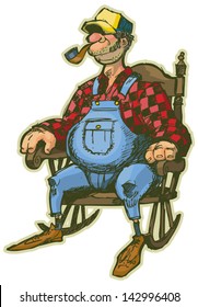 A Vector Cartoon of an Elderly Man in a Rocking Chair. Looks like a Farmer or someone who lives in the country. Rendered in a sketchy illustration style, in layers for easy editing.