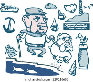 Vector cartoon of elderly man walking bulldog by sea.