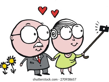 Vector cartoon of elderly man and woman taking self portrait photo on stick