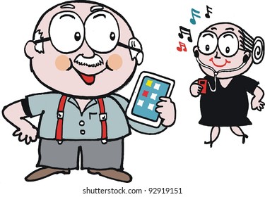 Vector cartoon of elderly man and woman with hi-tech gadgets