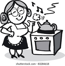 Vector cartoon of elderly woman boiling kettle