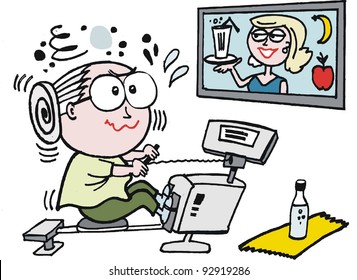 Vector cartoon of elderly woman using rowing machine exercise