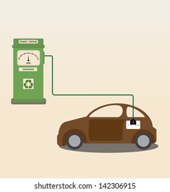 Vector cartoon of Electric car getting charged at station