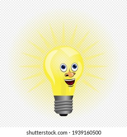 Vector cartoon electric lamp with a funny smile face and bright glow rays around. Realistic lamp cartoon illustration on transparent background