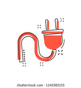 Vector cartoon electric plug icon in comic style. Power wire cable sign illustration pictogram. Wire business splash effect concept.