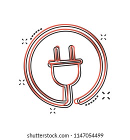 Vector cartoon electric plug icon in comic style. Power wire cable sign illustration pictogram. Wire business splash effect concept.