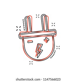 Vector cartoon electric plug icon in comic style. Power wire cable sign illustration pictogram. Wire business splash effect concept.