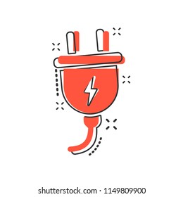 Vector cartoon electric plug icon in comic style. Power wire cable sign illustration pictogram. Wire business splash effect concept.