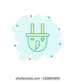 Vector cartoon electric plug icon in comic style. Power wire cable sign illustration pictogram. Wire business splash effect concept.