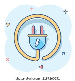 Vector cartoon electric plug icon in comic style. Power wire cable sign illustration pictogram. Wire business splash effect concept.