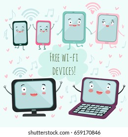 Vector cartoon electronic device with free wi-fi. Computer, laptop, tablets, phones. Cute characters.