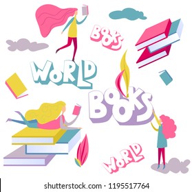 Vector cartoon element of books andreading woman. Goodly for books festival design, library background, website online education, greeting card and textile