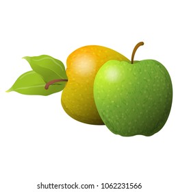 Vector cartoon element for design. Couple of yummy apples with stem and leaves. Photo Realistic illustration of healthy vegetarian food. Perfect for grocery store, drinks and more 