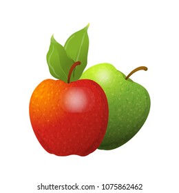 Vector cartoon element for design. Couple of yummy apples with stem and leaves. Photo Realistic illustration of healthy vegetarian food. Perfect for grocery store, drinks and more 