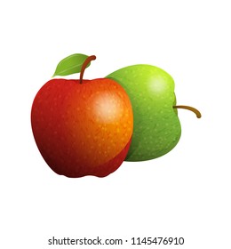 Vector cartoon element for design. Couple of yummy apples with stem and leaves. Photo Realistic illustration of healthy vegetarian food. Perfect for grocery store, drinks and more 