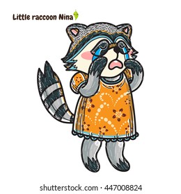 Vector cartoon element for design. Crying raccoon girl in sweet mori-girl style dress, decorative ornamental woodland animal print, colored illustration. Black, white, blue, pink, yellow, orange