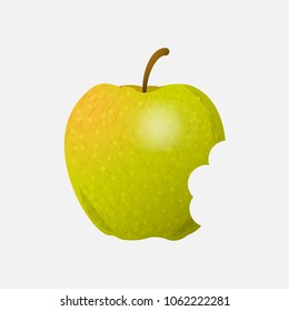 Vector cartoon element for design. Cute yellow bitten apple with stem. Photo Realistic illustration of big shiny fruit, healthy vegetarian food. Perfect for kitchen, food, juice, drink and more design