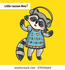 Vector cartoon element for design. Dancing raccoon girl in sweet tribal style dress, decorative ornamental woodland animal print, colored illustration. Black, white, blue, pink, yellow, orange