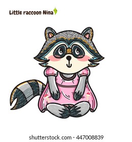 Vector cartoon element for design. Kawaii raccoon girl in sweet mori-girl style dress, decorative ornamental woodland animal print, colored illustration. Black, white, blue, pink, yellow, orange