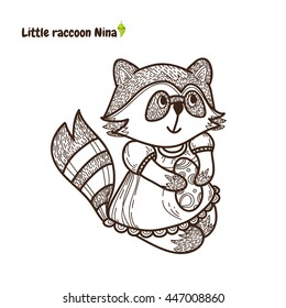 Vector cartoon element for design. Kawaii raccoon girl line art illustration, sweet dress, smiling face. Perfect for anti-stress coloring book or coloring page. Isolated on white background