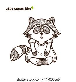 Vector cartoon element for design. Kawaii raccoon girl line art illustration, sweet dress, yoga meditation. Perfect for anti-stress coloring book or coloring page. Isolated on white background