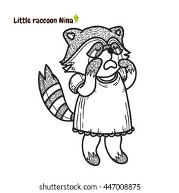 Vector cartoon element for design. Kawaii raccoon girl line art illustration, grumpy, moody, crying face, tears. Perfect for anti-stress coloring book or coloring page. Isolated on white background