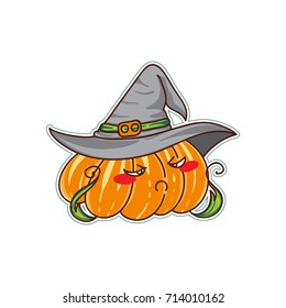 Vector cartoon element for design. Kawaii Halloween pumpkin. Cute kid character with grumpy face, muzzle, witch hat outfit. Object isolated on white background