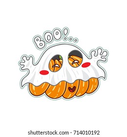 Vector cartoon element for design. Kawaii Halloween pumpkin. Cute kid character with very funny face, muzzle, white ghost outfit. Object isolated on white background