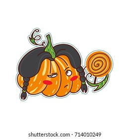 Vector cartoon element for design. Kawaii Halloween pumpkin. Cute kid character with moody face, muzzle, black wig and lollypop . Object isolated on white background