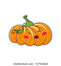 Vector cartoon element for design. Kawaii Halloween pumpkin. Cute kid character with angry face, muzzle, green leaf. Object isolated on white background