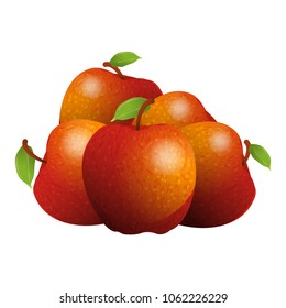 Vector cartoon element for design. Several red apples with stem and leaves, fruit composition. Photo Realistic illustration of healthy vegetarian food. Perfect for grocery store, drinks and more