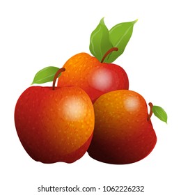 Vector cartoon element for design. Several red apples with stem and leaves, fruit composition. Photo Realistic illustration of healthy vegetarian food. Perfect for grocery store, drinks and more