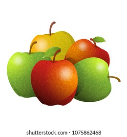 Vector cartoon element for design. Several delicious apples with stem and leaves, fruit composition. Photo Realistic illustration of healthy vegetarian food. Perfect for grocery store, drinks and more