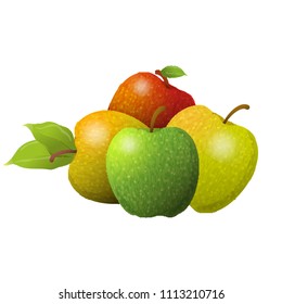 Vector cartoon element for design. Several delicious apples with stem and leaves, fruit composition. Photo Realistic illustration of healthy vegetarian food. Perfect for grocery store, drinks and more
