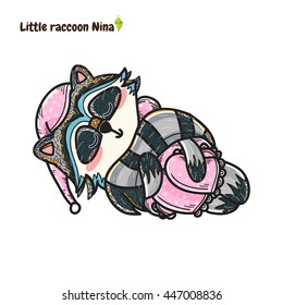 Vector cartoon element for design. Sleeping raccoon girl in sweet mori-girl style pajamas, decorative ornamental woodland animal print, colored illustration. Black, white, blue, pink, yellow, orange 