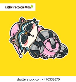 Vector cartoon element for design. Sleeping raccoon girl in sweet mori-girl style pajamas, decorative ornamental woodland animal print, colored illustration. Black, white, blue, pink, yellow, orange 