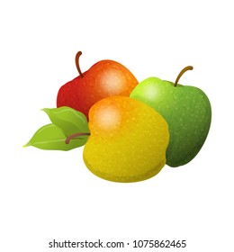 Vector cartoon element for design. Three delicious apples with stem and leaves, fruit design. Photo Realistic illustration of healthy vegetarian food. Perfect for grocery store, drinks and more