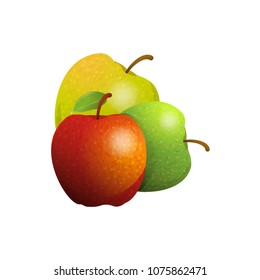 Vector cartoon element for design. Three delicious apples with stem and leaves, fruit design. Photo Realistic illustration of healthy vegetarian food. Perfect for grocery store, drinks and more