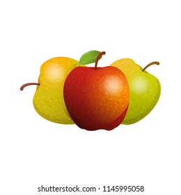 Vector cartoon element for design. Three delicious apples with stem and leaves, fruit design. Photo Realistic illustration of healthy vegetarian food. Perfect for grocery store, drinks and more